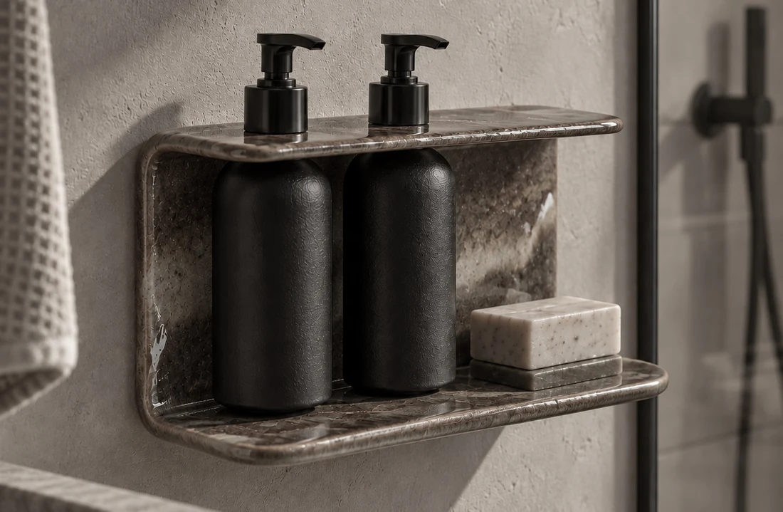 Estante cerámico con dos dispensadores negros en un baño