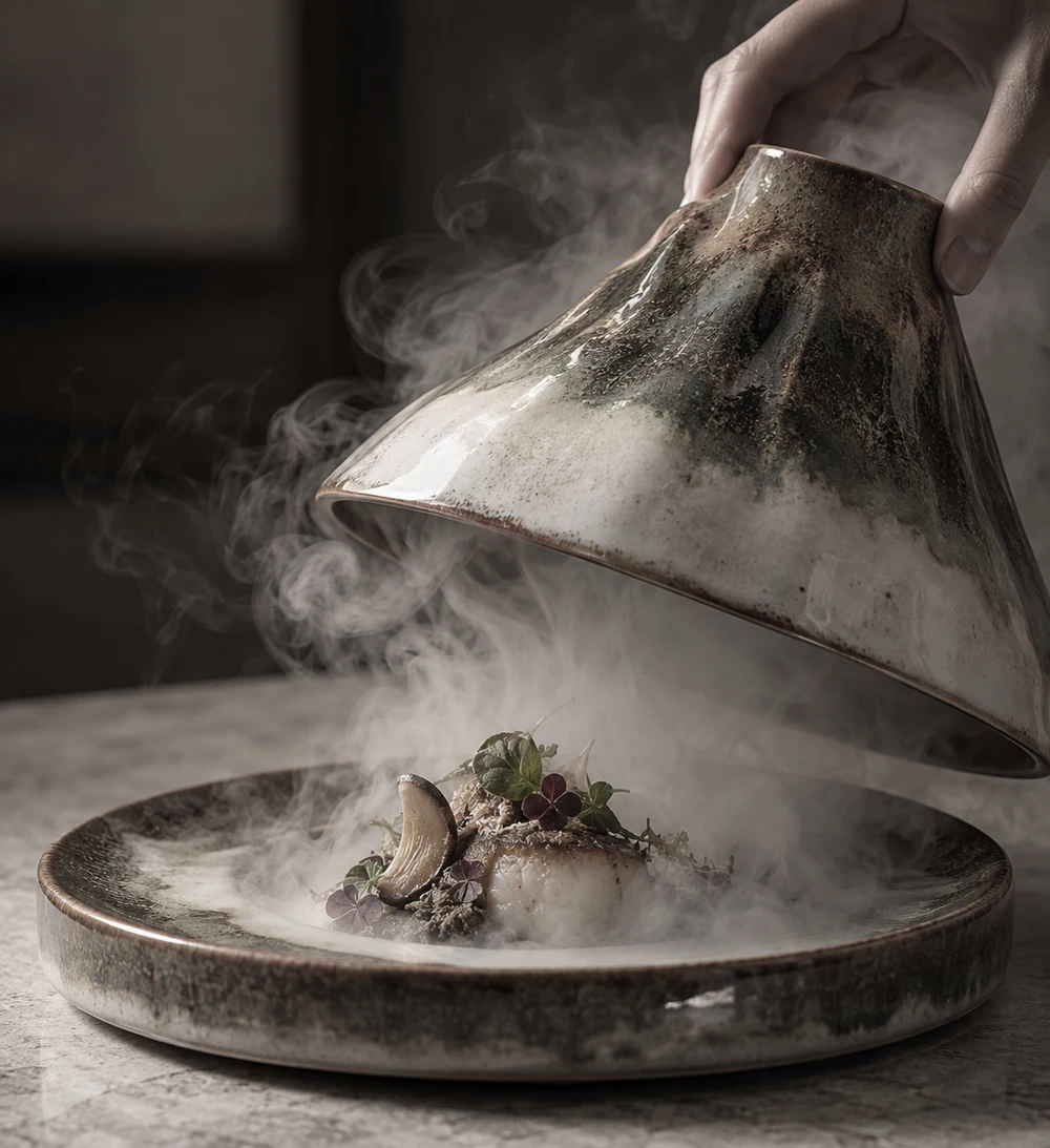 Plato cerámico volcán con una campana y humo